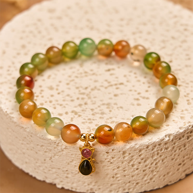Buddha Stones 925スターリングシルバー トルマリンキャット 天然孔雀瑪瑙 勇気ブレスレット - image 1