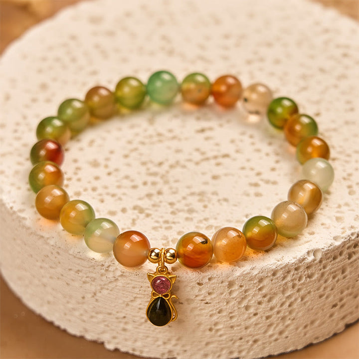 Buddha Stones 925スターリングシルバー トルマリンキャット 天然孔雀瑪瑙 勇気ブレスレット - image 1