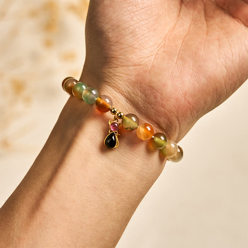 Buddha Stones 925スターリングシルバー トルマリンキャット 天然孔雀瑪瑙 勇気ブレスレット - image 3