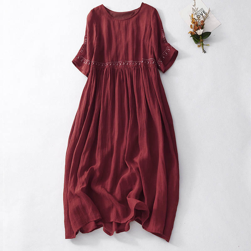 Buddha Stones無地刺繍半袖コットンミディドレス - ファイアブリック - US12、 UK/AU16、 EU44 (2XL) - image 17
