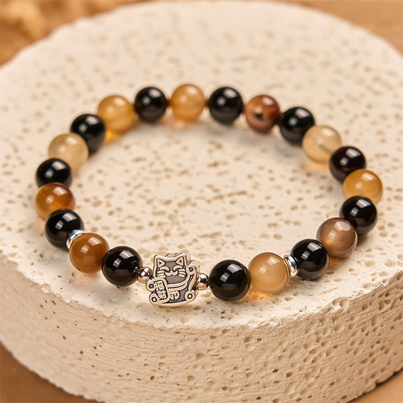 Buddha Stones 925スターリングシルバー べっ甲猫 ライトブラウン ストライプアゲート ブラックオニキス ブレスレット - image 3
