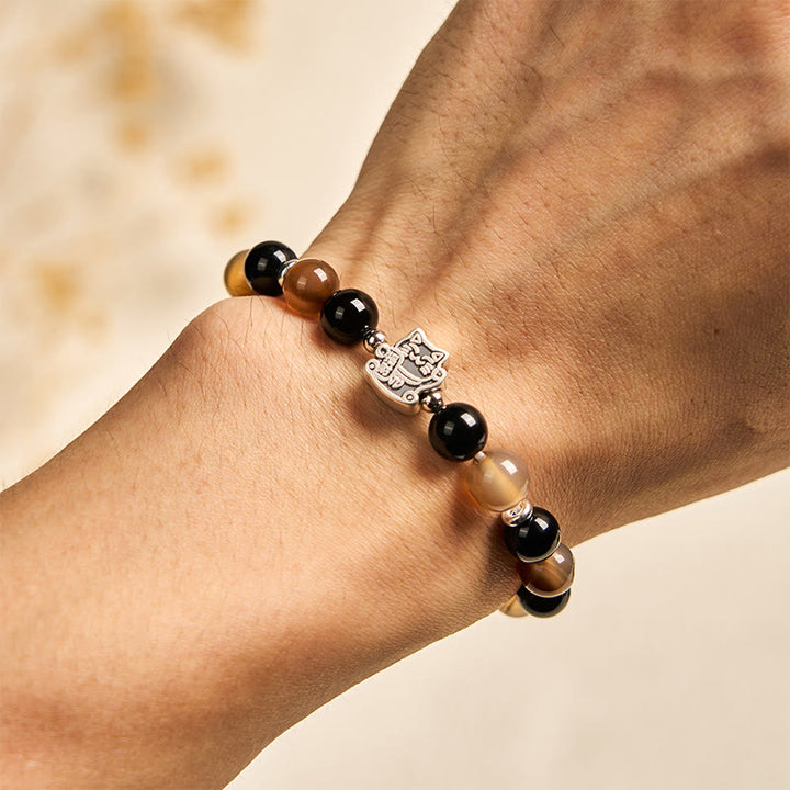Buddha Stones 925スターリングシルバー べっ甲猫 ライトブラウン ストライプアゲート ブラックオニキス ブレスレット - image 4