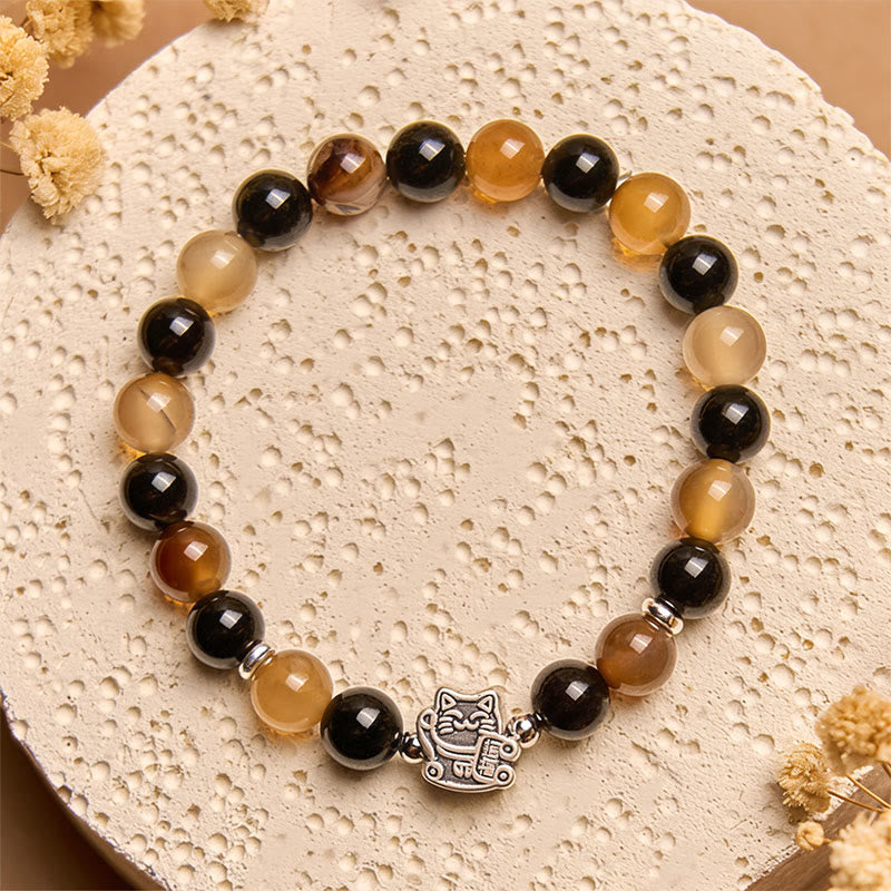Buddha Stones 925スターリングシルバー べっ甲猫 ライトブラウン ストライプアゲート ブラックオニキス ブレスレット - image 2