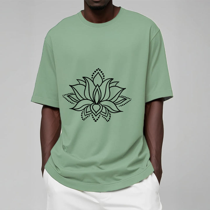 Buddha Stonesと蓮の花柄のシンプルなデザインのコットンTシャツ - image 16