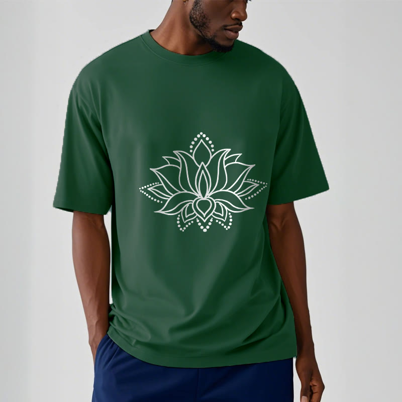Buddha Stonesと蓮の花柄のシンプルなデザインのコットンTシャツ - image 2
