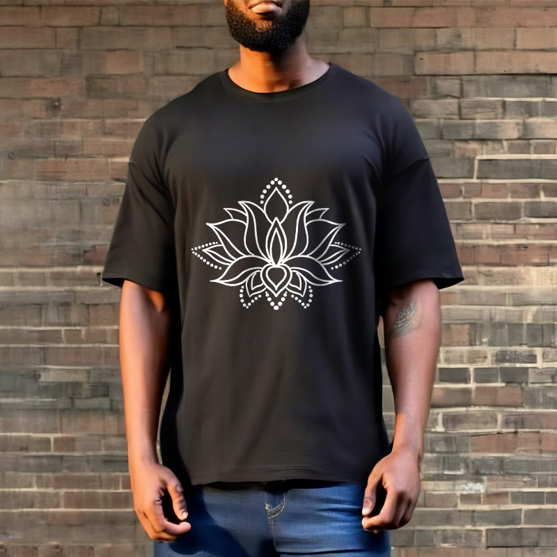 Buddha Stonesと蓮の花柄のシンプルなデザインのコットンTシャツ - image 6