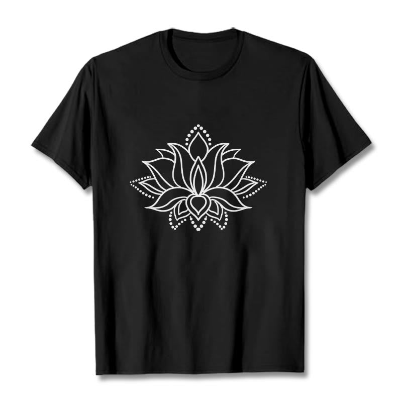 Buddha Stonesと蓮の花柄のシンプルなデザインのコットンTシャツ - 黒 - 2XL - image 4