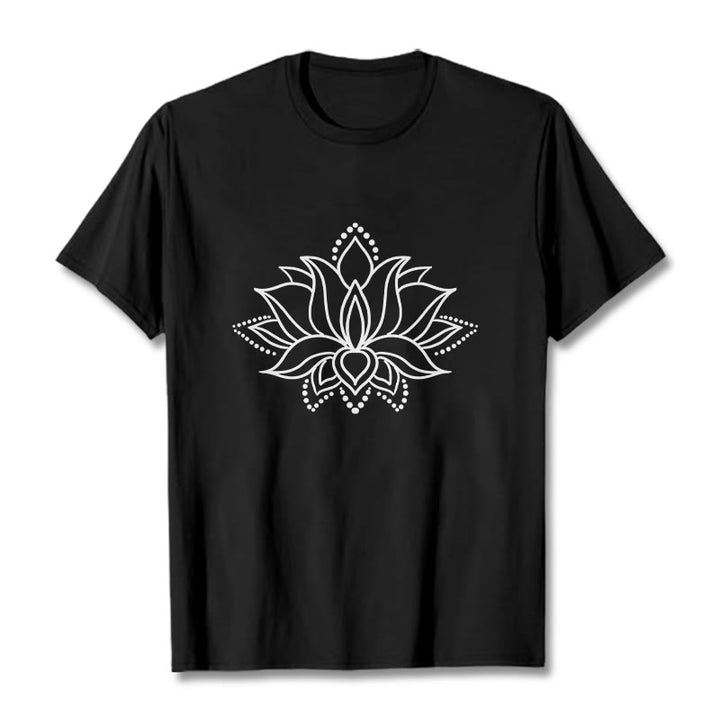 Buddha Stonesと蓮の花柄のシンプルなデザインのコットンTシャツ - 黒 - 2XL - image 4