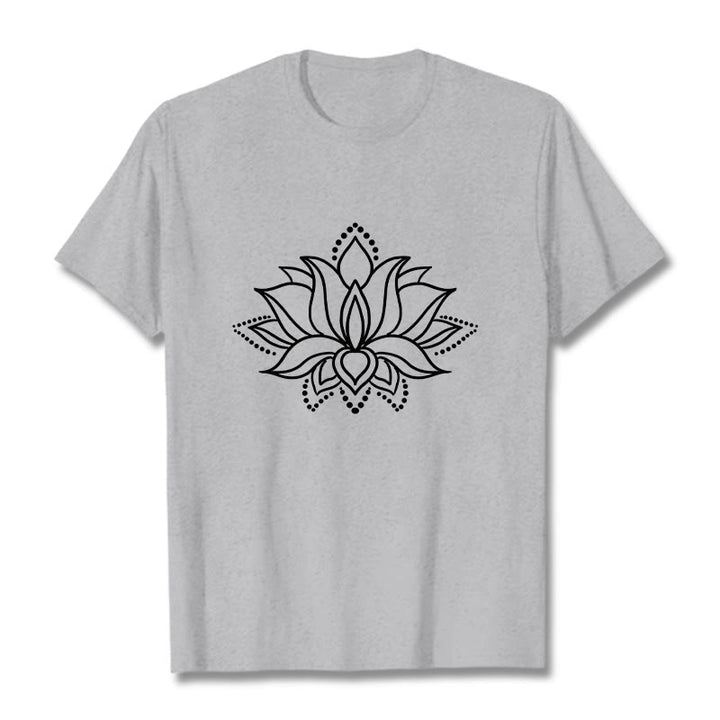 Buddha Stonesと蓮の花柄のシンプルなデザインのコットンTシャツ - ライトグレー - 2XL - image 20