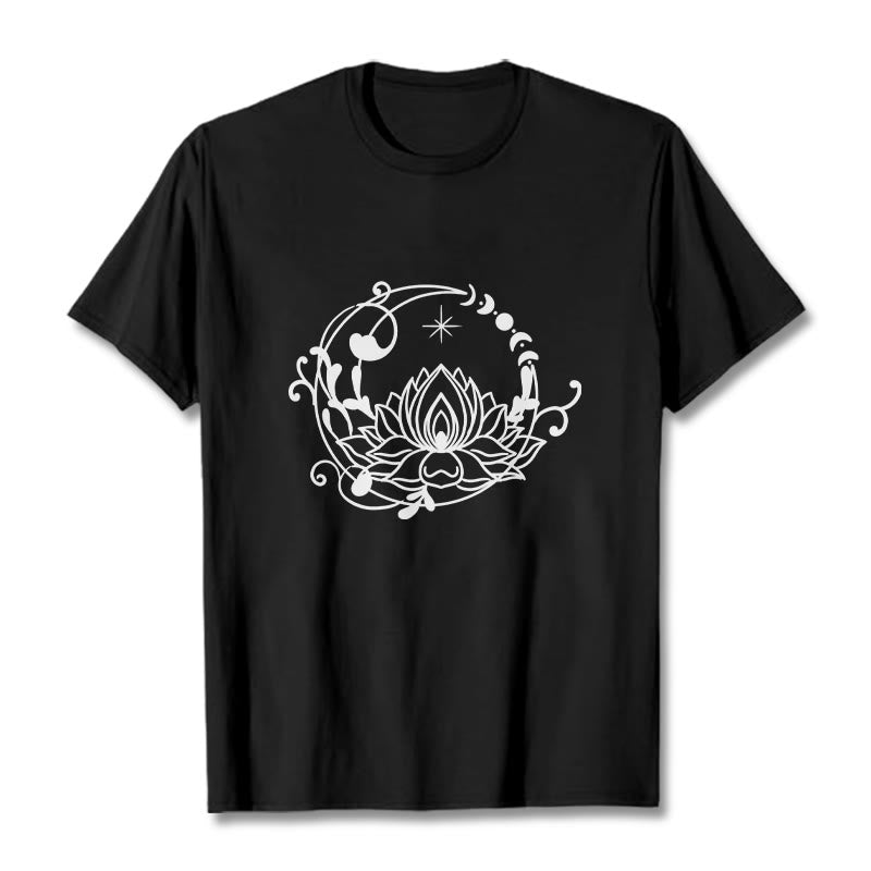Buddha Stonesのシンプルなデザイン、蓮の花、月、流れる蔓模様のコットンTシャツ - 黒 - 2XL - image 5