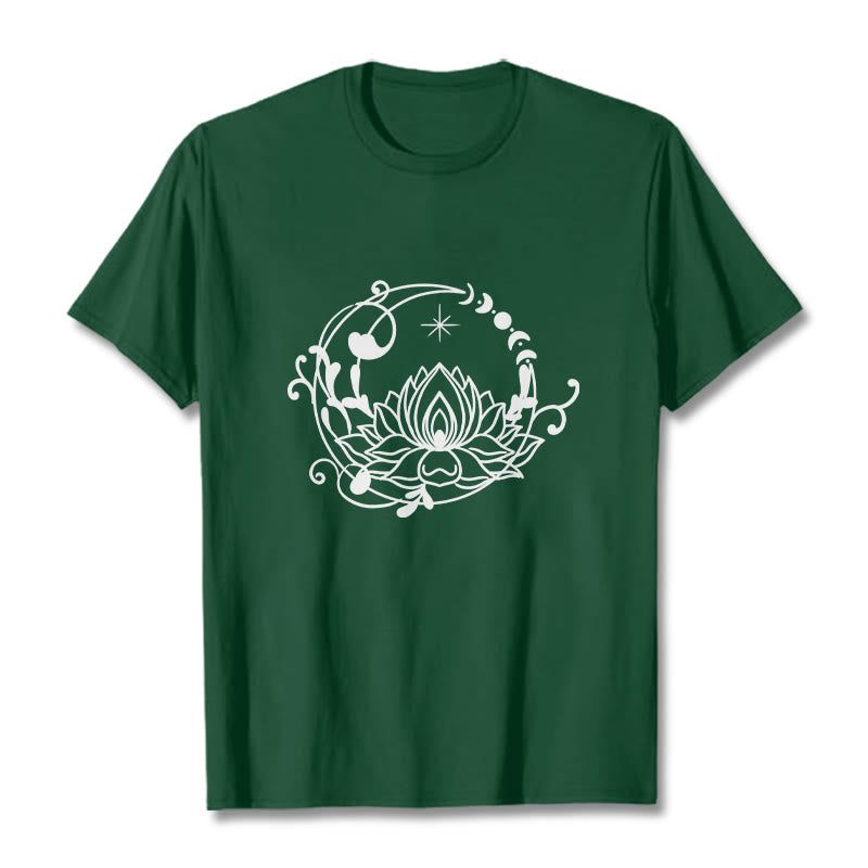 Buddha Stonesのシンプルなデザイン、蓮の花、月、流れる蔓模様のコットンTシャツ - フォレストグリーン - 2XL - image 11