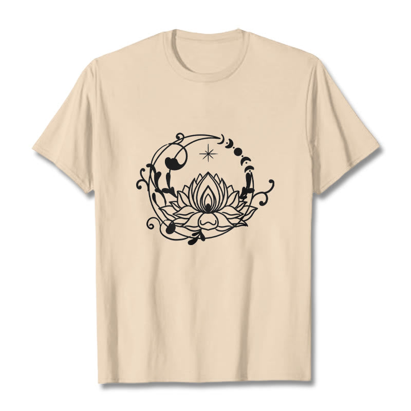 Buddha Stonesのシンプルなデザイン、蓮の花、月、流れる蔓模様のコットンTシャツ - ビスク - 2XL - image 9