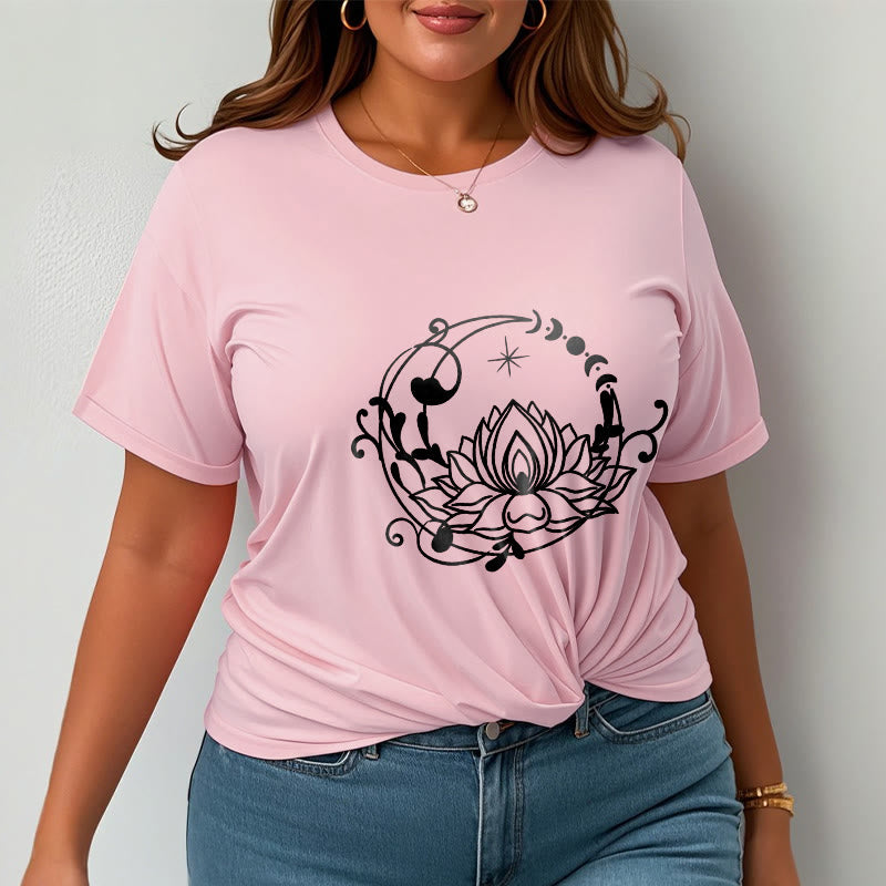 Buddha Stonesのシンプルなデザイン、蓮の花、月、流れる蔓模様のコットンTシャツ - image 14