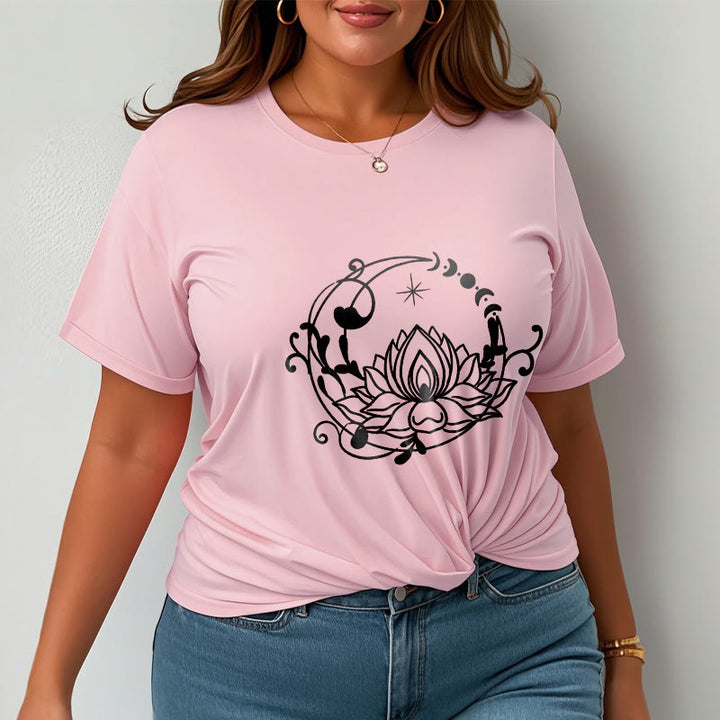Buddha Stonesのシンプルなデザイン、蓮の花、月、流れる蔓模様のコットンTシャツ - image 14