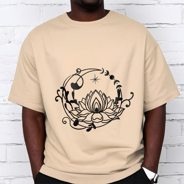 Buddha Stonesのシンプルなデザイン、蓮の花、月、流れる蔓模様のコットンTシャツ - image 10