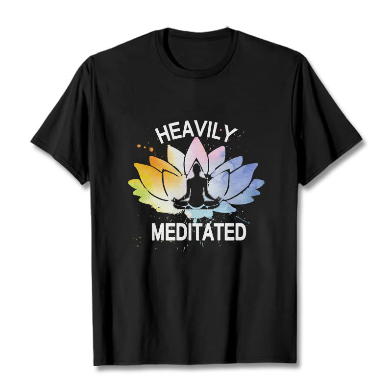 Buddha Stones、カラフルな蓮の花、瞑想の図柄コットンTシャツ - 黒 - 2XL - image 1