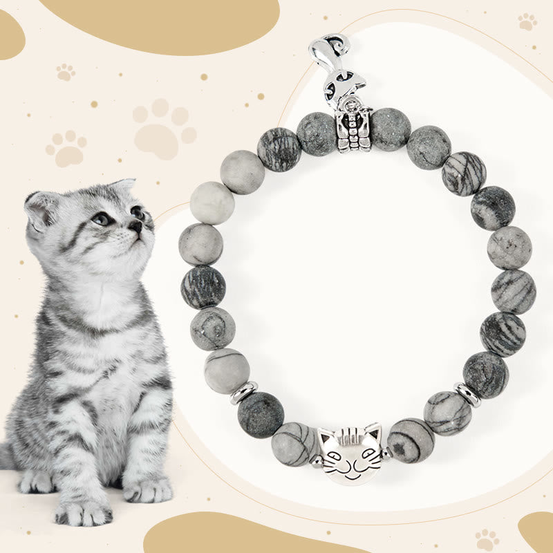 Buddha Stonesグレータビーキャット 天然ブラックベインド強さブレスレット - グレーのトラ猫（手首周囲15～16cm） - image 0