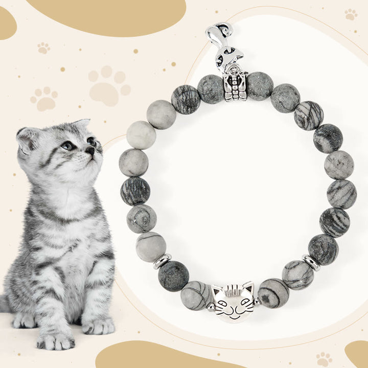 Buddha Stonesグレータビーキャット 天然ブラックベインド強さブレスレット - グレーのトラ猫（手首周囲15～16cm） - image 0