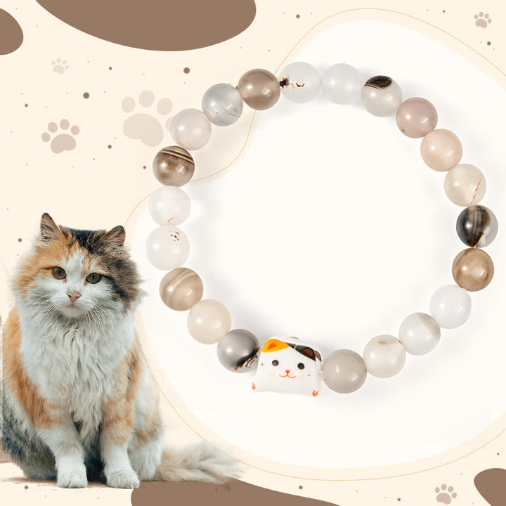 Buddha Stones三毛猫 天然瑪瑙石 セラミック 子猫頭 パワーブレスレット - 三毛猫（手首周り15～16cm） - image 0