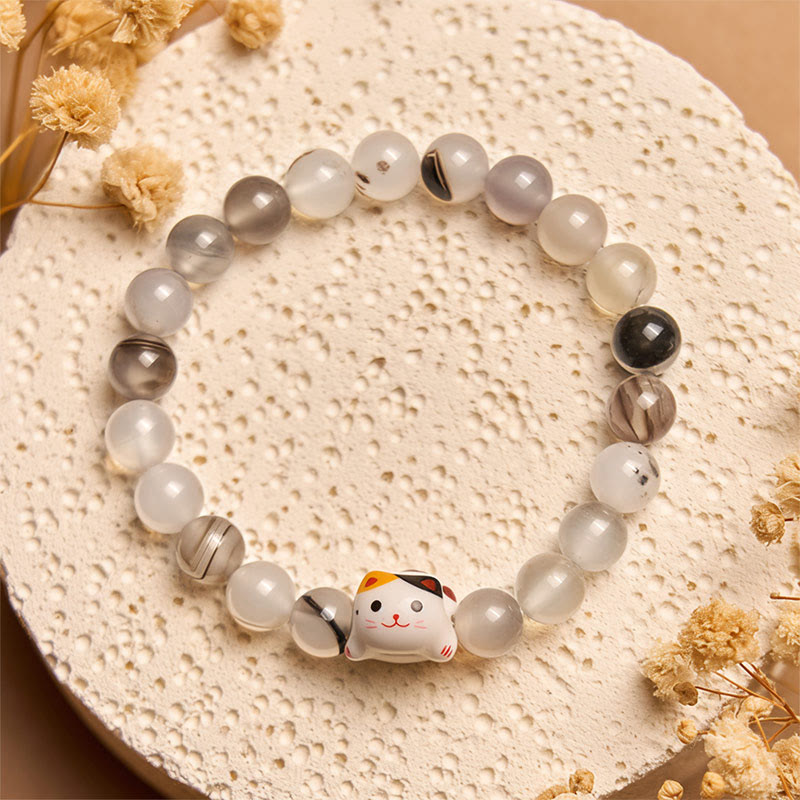 Buddha Stones三毛猫 天然瑪瑙石 セラミック 子猫頭 パワーブレスレット - image 1