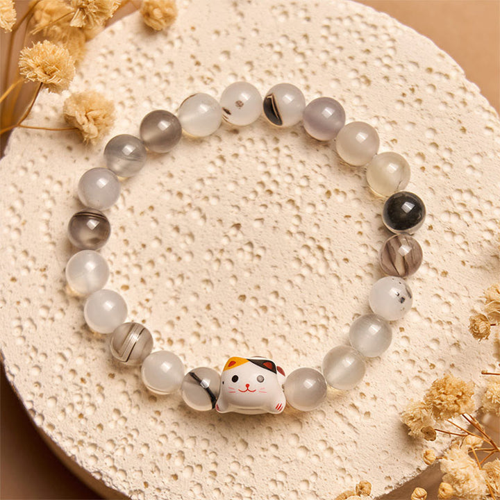 Buddha Stones三毛猫 天然瑪瑙石 セラミック 子猫頭 パワーブレスレット - image 1