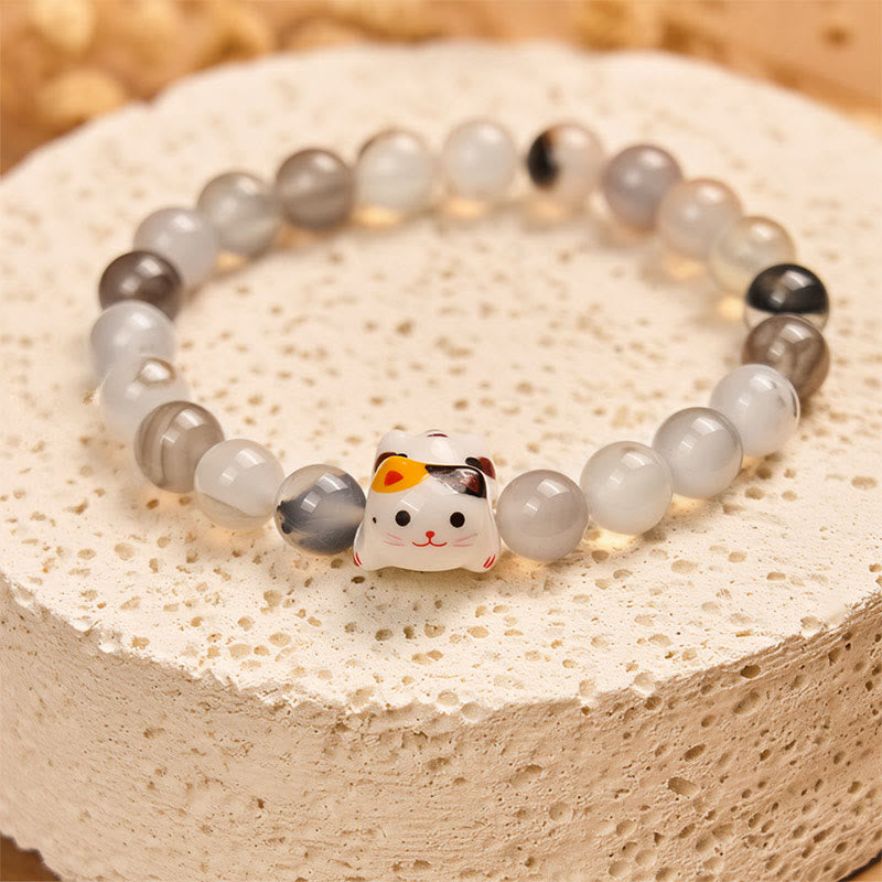 Buddha Stones三毛猫 天然瑪瑙石 セラミック 子猫頭 パワーブレスレット - image 2