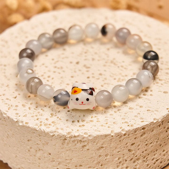 Buddha Stones三毛猫 天然瑪瑙石 セラミック 子猫頭 パワーブレスレット - image 2
