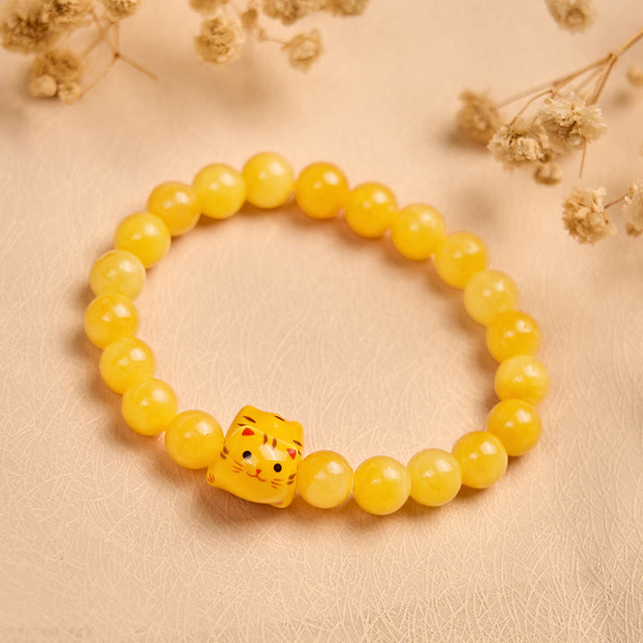 Buddha Stonesオレンジタビーキャット イエローカルセドニー セラミック 子猫 ジョイ ブレスレット - image 1