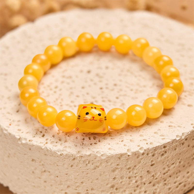 Buddha Stonesオレンジタビーキャット イエローカルセドニー セラミック 子猫 ジョイ ブレスレット - image 3
