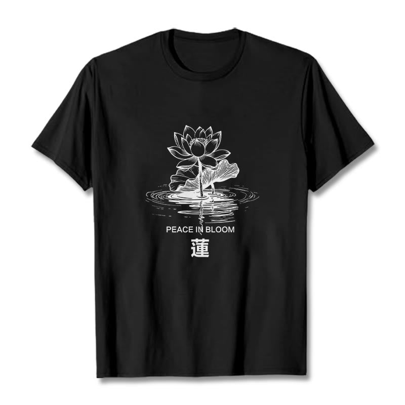 Buddha Stones、蓮の花、蓮の葉の波紋模様のTシャツ、コットンTシャツ - 黒 - 2XL - image 1