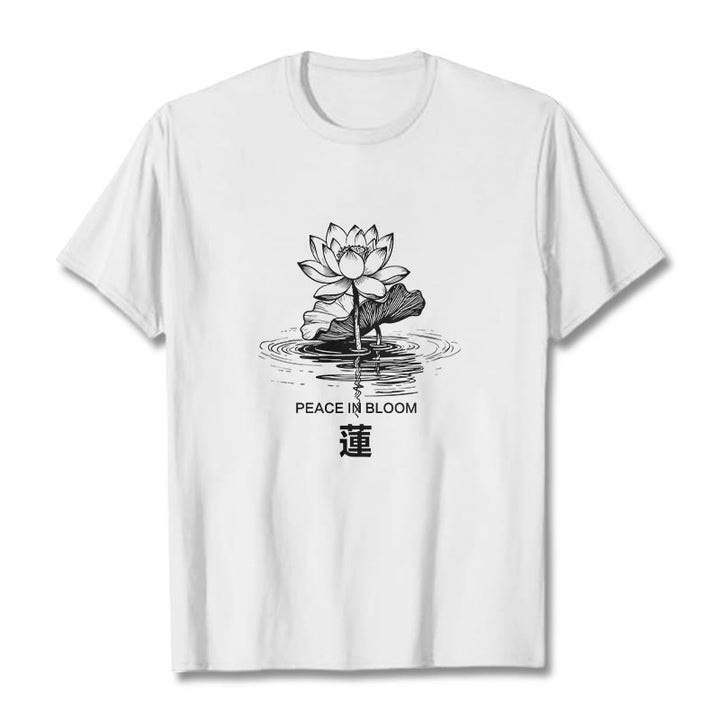 Buddha Stones、蓮の花、蓮の葉の波紋模様のTシャツ、コットンTシャツ - 白 - 2XL - image 6