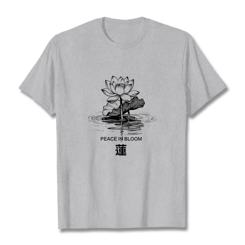 Buddha Stones、蓮の花、蓮の葉の波紋模様のTシャツ、コットンTシャツ - ライトグレー - 2XL - image 20