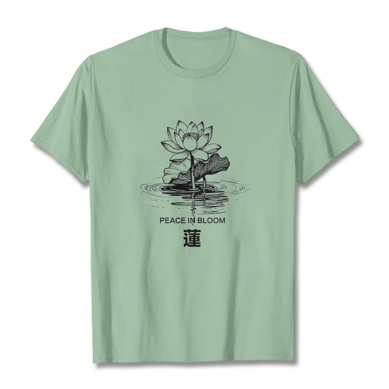 Buddha Stones、蓮の花、蓮の葉の波紋模様のTシャツ、コットンTシャツ - ペールグリーン - 2XL - image 15