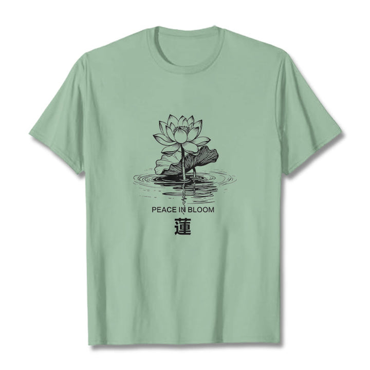 Buddha Stones、蓮の花、蓮の葉の波紋模様のTシャツ、コットンTシャツ - ペールグリーン - 2XL - image 15