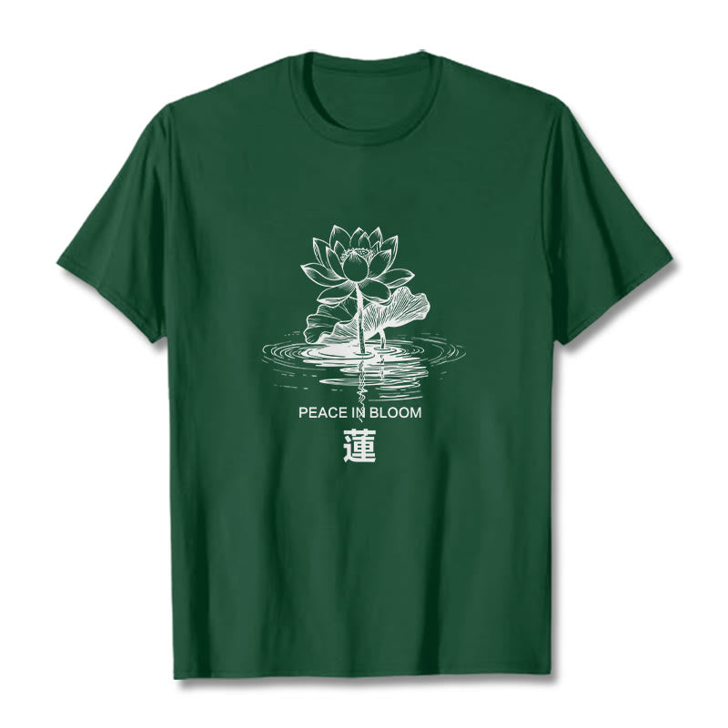 Buddha Stones、蓮の花、蓮の葉の波紋模様のTシャツ、コットンTシャツ - フォレストグリーン - 2XL - image 11