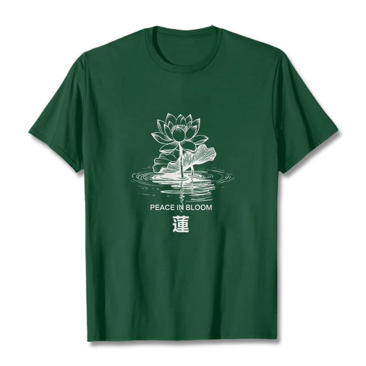 Buddha Stones、蓮の花、蓮の葉の波紋模様のTシャツ、コットンTシャツ - フォレストグリーン - 2XL - image 11