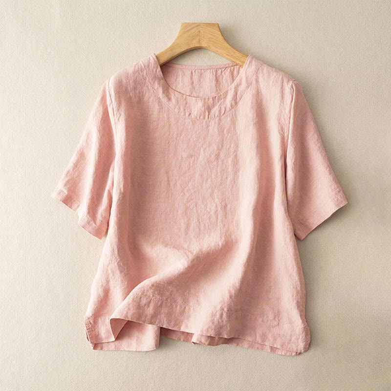 Buddha Stonesシンプル 無地 半袖 クルーネック サイドスリット コットン レディース Tシャツ - ライトピンク - US12、 UK/AU16、 EU44 (3XL) - image 2
