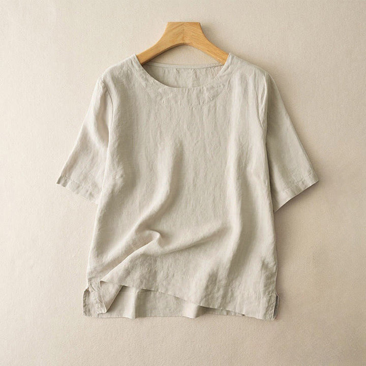 Buddha Stonesシンプル 無地 半袖 クルーネック サイドスリット コットン レディース Tシャツ - ベージュ - US12、 UK/AU16、 EU44 (3XL) - image 6