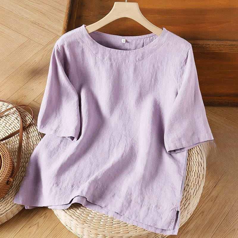 Buddha Stonesシンプル 無地 半袖 クルーネック サイドスリット コットン レディース Tシャツ - 梅 - US8-10、 UK/AU12-14、EU40-42 (3XL) - image 0
