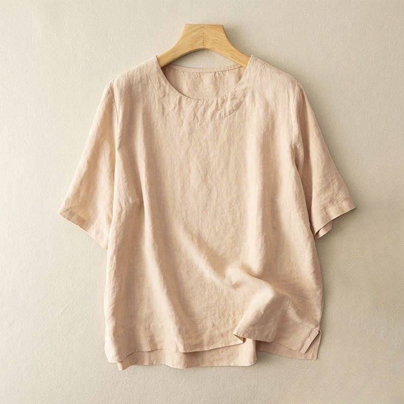 Buddha Stonesシンプル 無地 半袖 クルーネック サイドスリット コットン レディース Tシャツ - カーキ - US12、 UK/AU16、 EU44 (3XL) - image 3