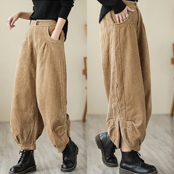 Buddha Stonesカジュアル ボタン付き 裾開きデザイン レディース コーデュロイパンツ ポケット付き - image 4