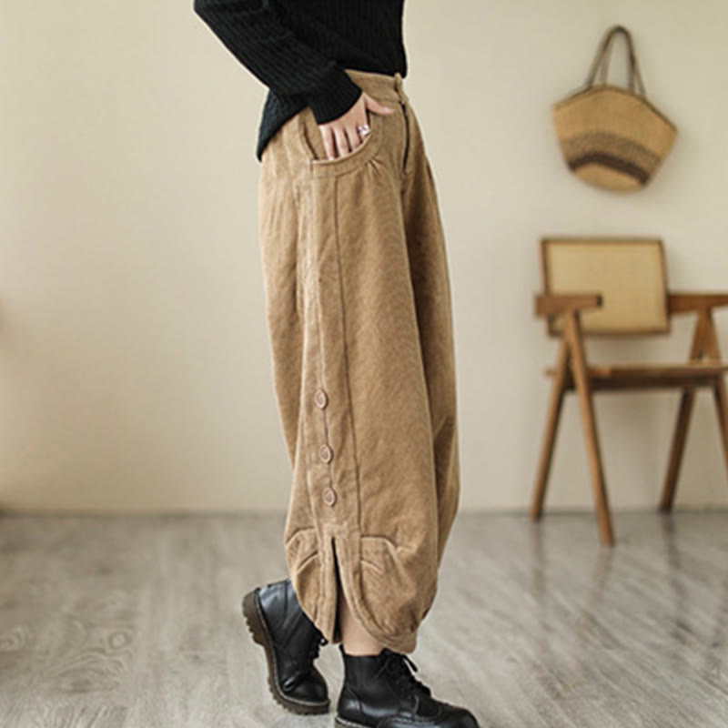 Buddha Stonesカジュアル ボタン付き 裾開きデザイン レディース コーデュロイパンツ ポケット付き - image 3