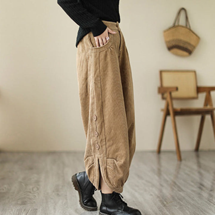 Buddha Stonesカジュアル ボタン付き 裾開きデザイン レディース コーデュロイパンツ ポケット付き - image 3