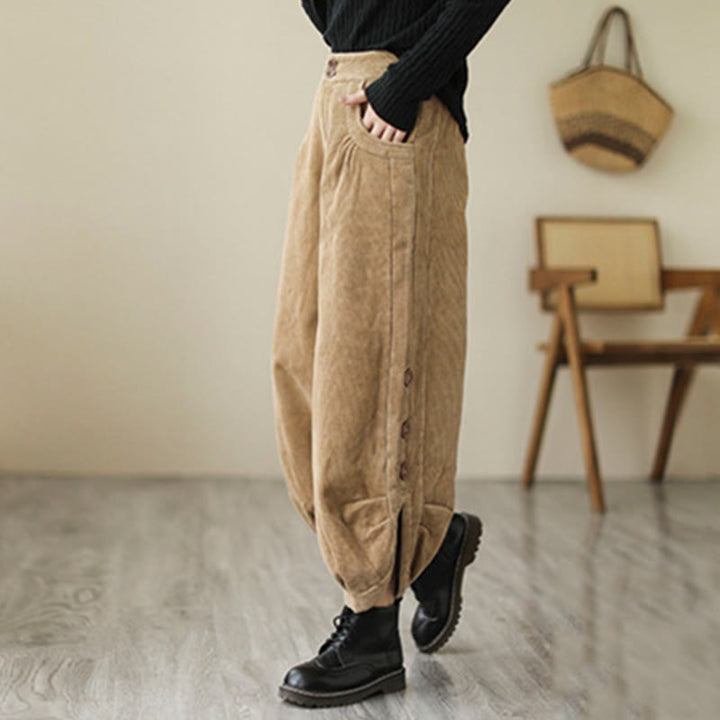 Buddha Stonesカジュアル ボタン付き 裾開きデザイン レディース コーデュロイパンツ ポケット付き - image 1