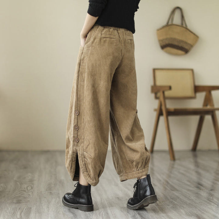 Buddha Stonesカジュアルボタン レッグオープニングデザイン レディース コットンコーデュロイパンツ ポケット付き - image 3