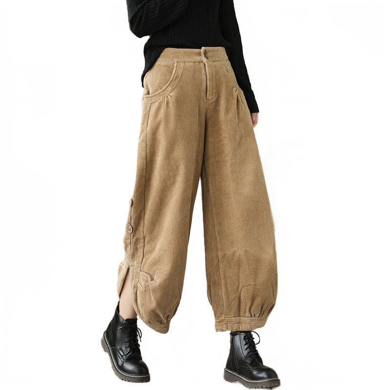 Buddha Stonesカジュアルボタン レッグオープニングデザイン レディース コットンコーデュロイパンツ ポケット付き - image 9