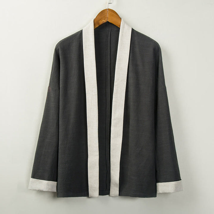 Buddha Stones冬用 無地 長袖 オープンフロント ジャケット メンズ コットン 着物 - ディムグレー - US/UK/AU44、 EU54 (4XL) - image 4