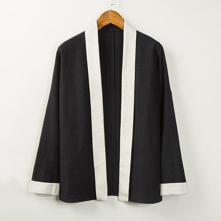 Buddha Stones冬用 無地 長袖 オープンフロント ジャケット メンズ コットン 着物 - 黒 - US/UK/AU44、 EU54 (4XL) - image 1