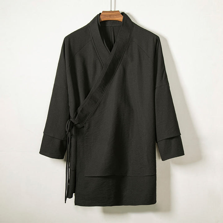 Buddha Stonesレースアップデザインオープンフロントジャケットメンズコットンリネン長袖着物 - 黒 - US/UK/AU44、 EU54 (4XL) - image 1