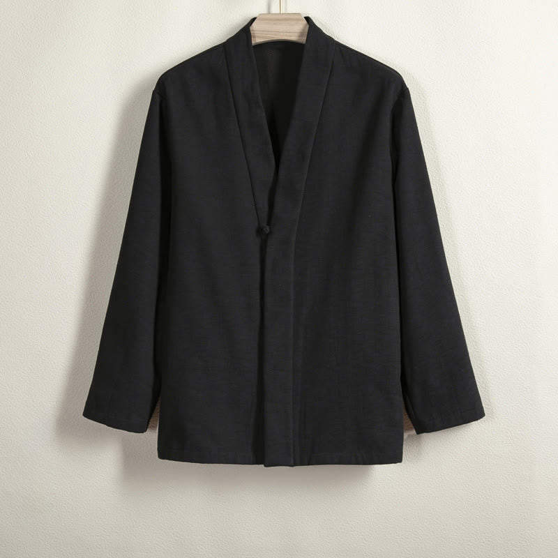 Buddha Stonesメンズ 長袖 フロッグボタン オープンフロント フリース裏地 コットンリネンジャケット 着物 - 黒 - US/UK/AU44、 EU54 (4XL) - image 9